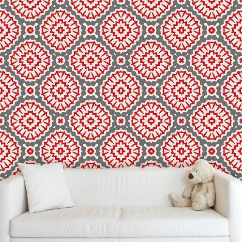 Modern Trendy Red White Gray Moroccan Motifs  Wallpaper