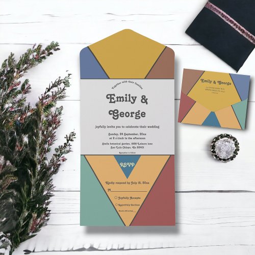 Modern Trendy Retro Colorful Abstract Chic Wedding All In One Invitation