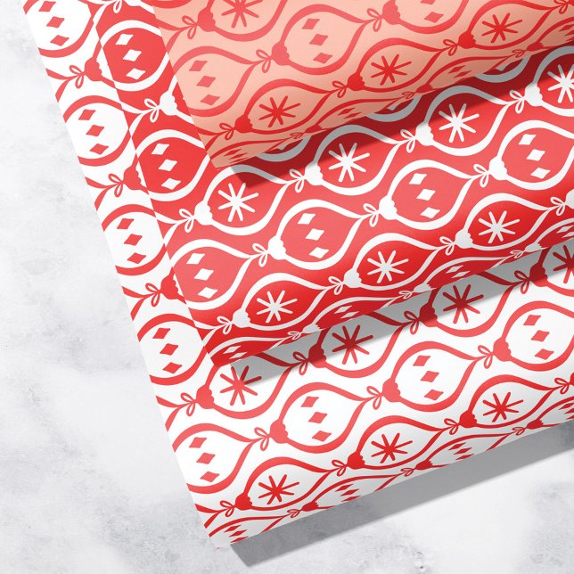 Modern Trendy Retro Red Holiday Ornament Pattern Wrapping Paper Sheets (Creator Uploaded)