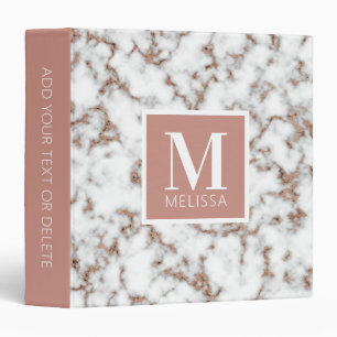Modern Trendy Rose Gold Marble Monogram 3 Ring Binder