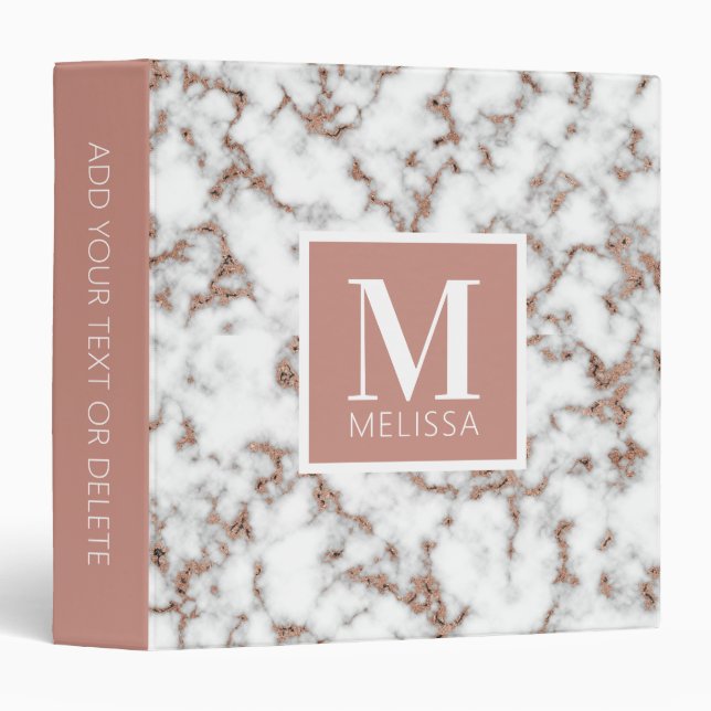 Modern Trendy Rose Gold Marble Monogram 3 Ring Binder (Front/Spine)