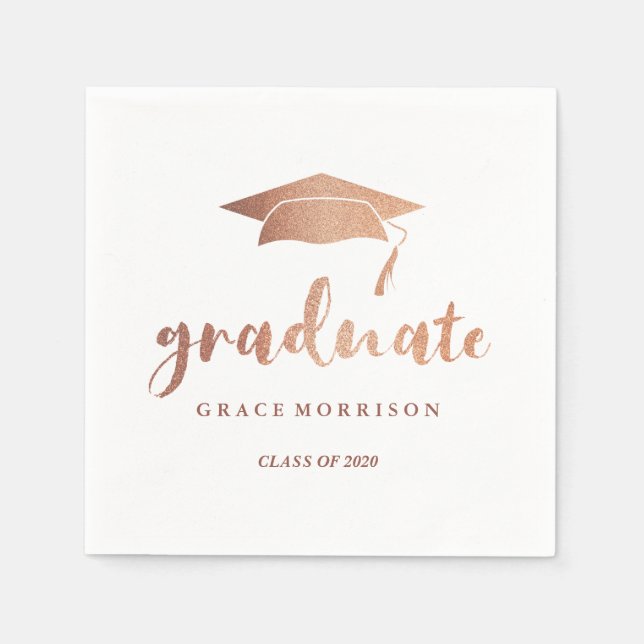 Modern & Trendy Rose Gold Personalized Graduation Paper Napkins (Front)