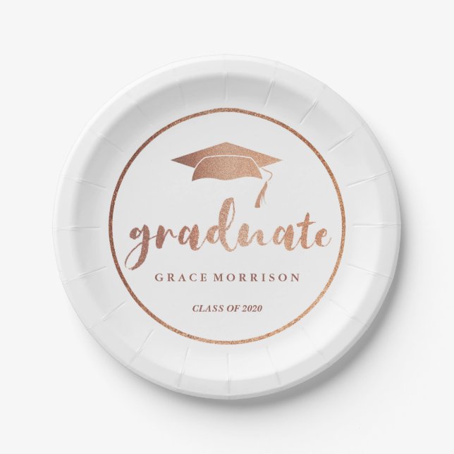 Modern & Trendy Rose Gold Personalized Graduation Paper Plates (Front)