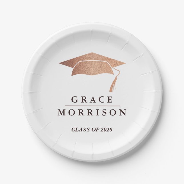 Modern & Trendy Rose Gold Personalized Graduation Paper Plates (Front)