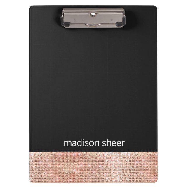 Modern Trendy Rose Gold Sequin Black Clipboard (Front)