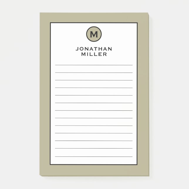 Modern Trendy Sage Green Monogram Lined Post-it Notes (Front)