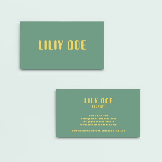 Modern Trendy Sage Green & Yellow Mustard Script Business Card (Creator Uploaded)