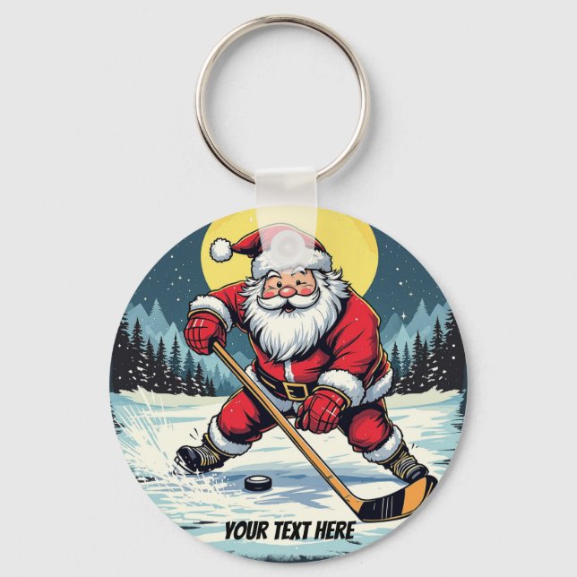 Modern Trendy Santa Playing Ice Hockey Custom  Keychain (Front)