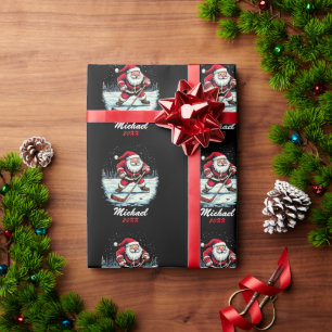 Modern Trendy Santa Playing Ice Hockey Custom Name Wrapping Paper