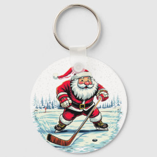 Modern Trendy Santa Playing Ice Hockey Keychain