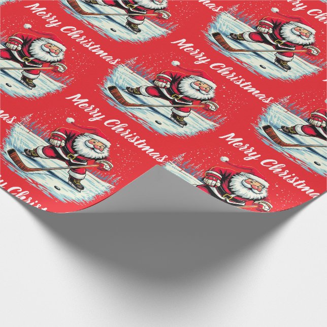 Modern Trendy Santa Playing Ice  Hockey      Wrapping Paper (Corner)