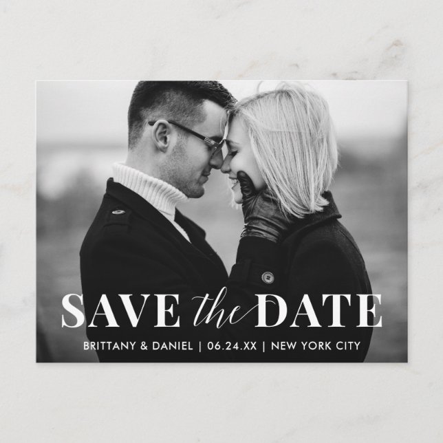 Modern Trendy Save The Date Black and White Photo Postcard (Front)