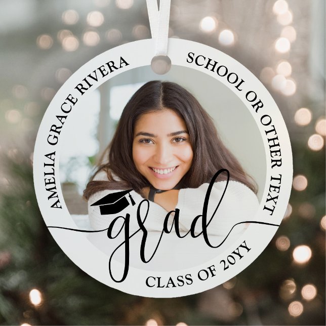 Modern Trendy Script 2 Round Photos Graduation Metal Ornament (Creator Uploaded)