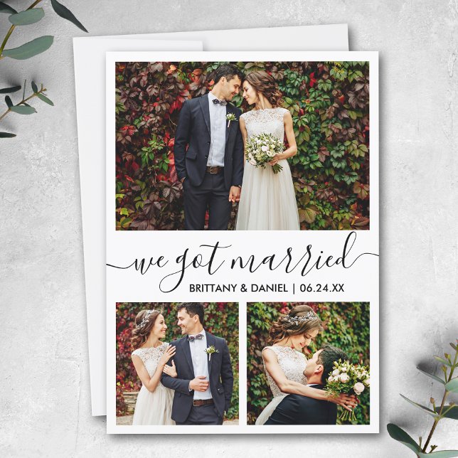Modern Trendy Script 3 Photo We Got Married Announcement (Customize to add text or more photos to back of card.)
