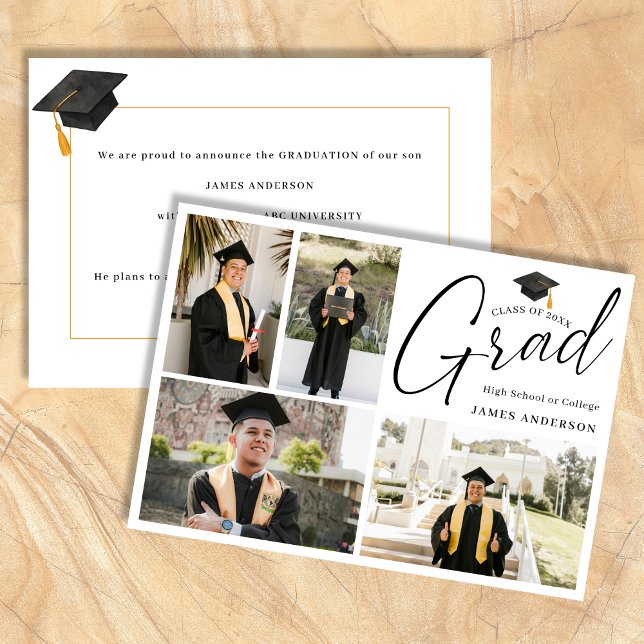 Modern Trendy Script 4 Photo collage Graduation Announcement (Creator Uploaded)