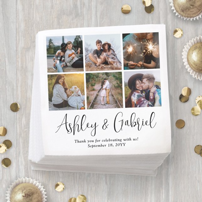 Modern Trendy Script and 6 Photo Collage Wedding Napkins (Creator Uploaded)