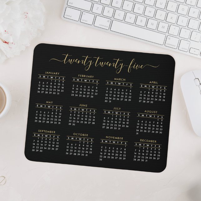 Modern Trendy Script Black Gold 2025 Calendar Mouse Pad (Creator Uploaded)