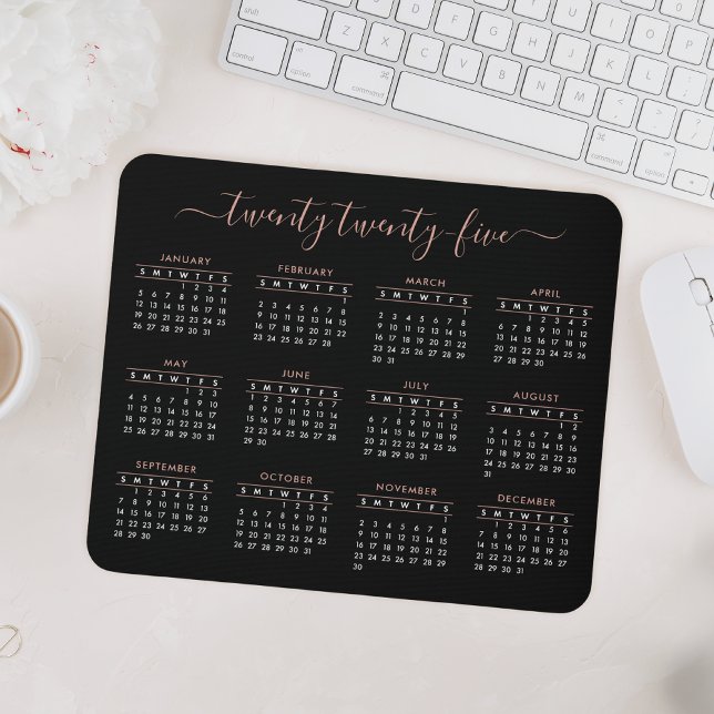 Modern Trendy Script Black Rose Gold 2025 Calendar Mouse Pad (Creator Uploaded)
