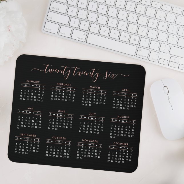 Modern Trendy Script Black Rose Gold 2026 Calendar Mouse Pad (Creator Uploaded)