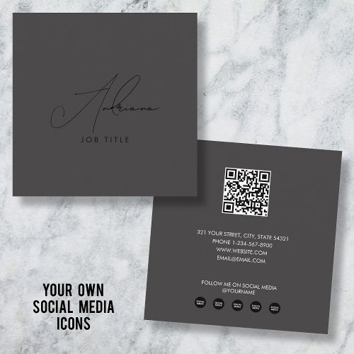 Modern Trendy Script Black Social Media QR Code Square Business Card