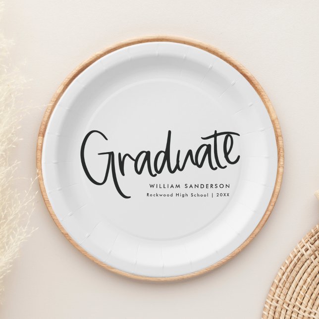Modern Trendy Script Black & White Graduation Paper Plates (Creator Uploaded)