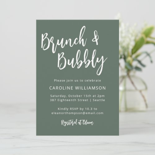 Modern Trendy Script Brunch Bubbly Shower Sage Invitation
