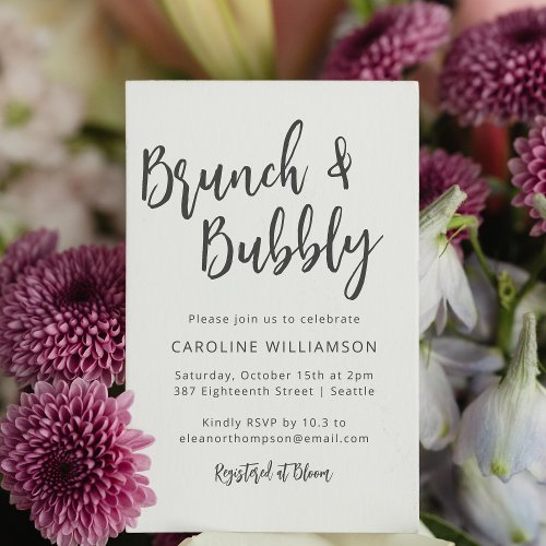 Modern Trendy Script Brunch Bubbly Shower White Invitation