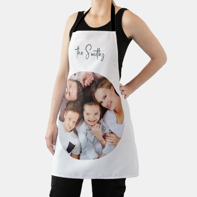 Modern Trendy Script Family Name Round Photo Apron (Insitu)