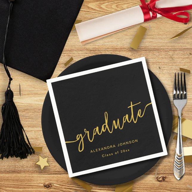 Modern Trendy Script Graduation Party Napkins (Elegant black and gold graduation party custom paper napkins with graduate name and class of 2025)