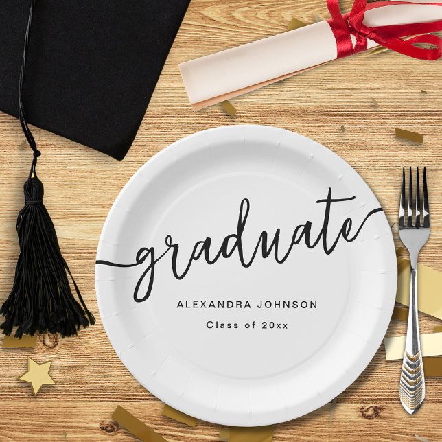 Modern Trendy Script Graduation Party Paper Plates (Modern trendy script black and white graduation party custom paper plate)
