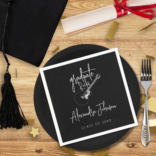 Modern Trendy Script Guitar Graduation Party Napkins (Modern trendy black and white minimalist guitar themed graduation party custom napkin)