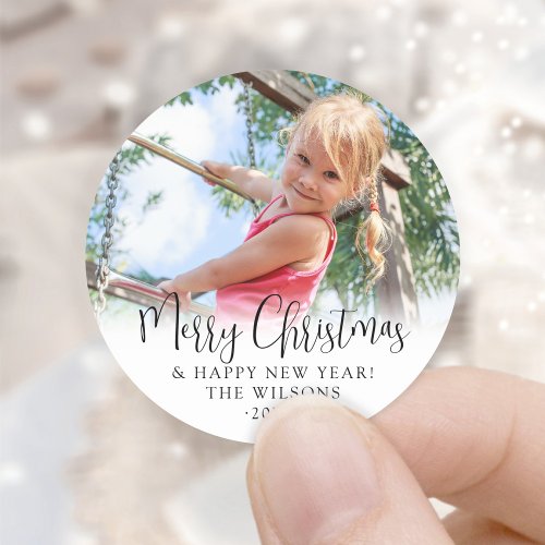 Modern Trendy Script Merry Christmas Simple Photo Classic Round Sticker