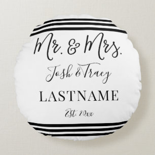 Modern Trendy Script Personalized Mr. and Mrs. Round Pillow