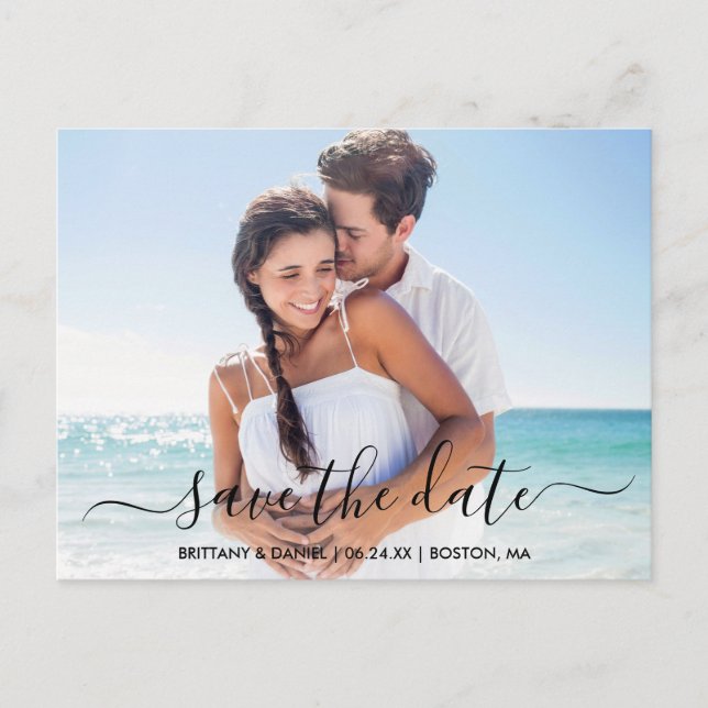Modern Trendy Script Photo Save The Date Postcard (Front)