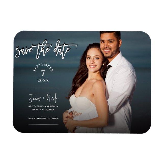 Modern Trendy Script Photo Save the Date Wedding  Magnet (Horizontal)