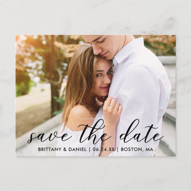 Modern Trendy Script Save The Date | Photo Postcard (Front)
