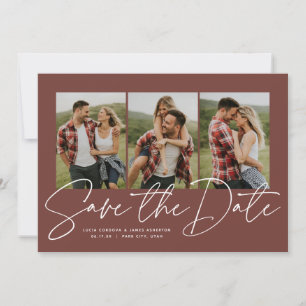 Modern trendy script three photo terracotta save the date