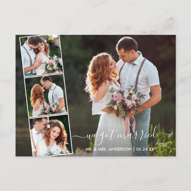 Modern Trendy Script We Got Married 4 Photo Postcard (Front)