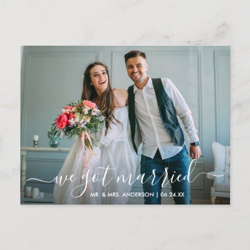 Modern Trendy Script We Got Married Photo Postcard