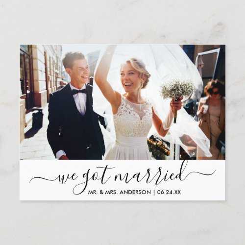 Modern Trendy Script We Got Married Photo Postcard