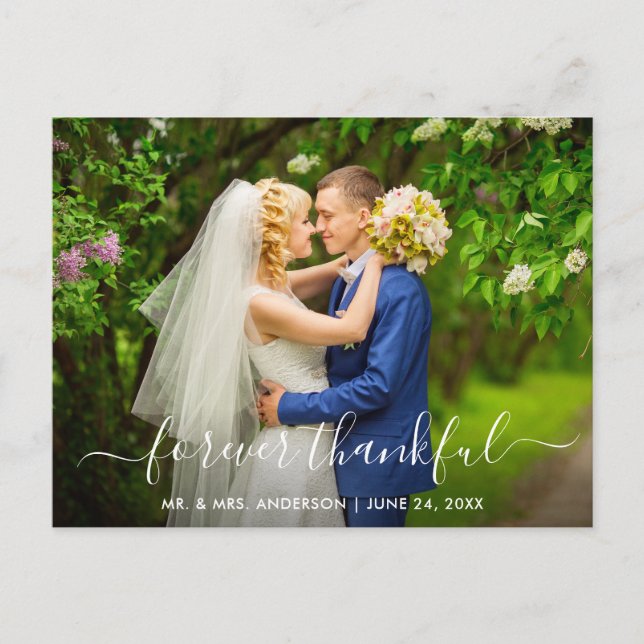 Modern Trendy Script Wedding Forever Thankful Postcard (Front)