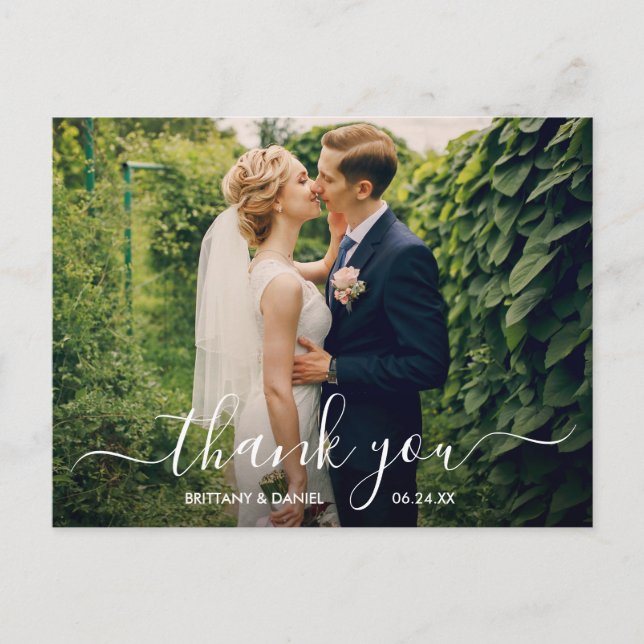 Modern Trendy Script Wedding Photo Thank You Postcard (Front)