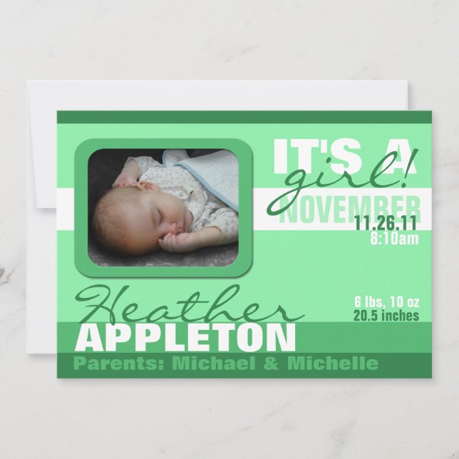 Modern Trendy Sea Green Stripe Birth Announcements (Front)
