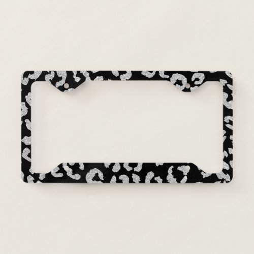 Modern trendy silver glitter hand painted leopard license plate frame