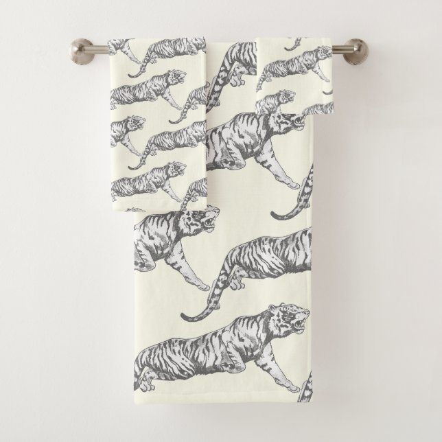 Modern Trendy Silver Gray White Tiger on Ivory Bath Towel Set (Insitu)