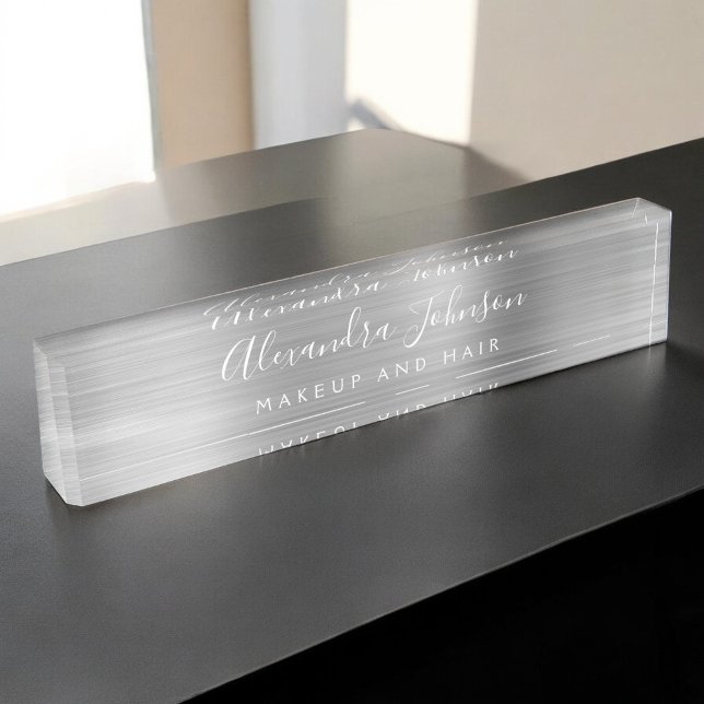 Modern Trendy Silver Makeup and Hair Beauty Desk Name Plate (Creator Uploaded)