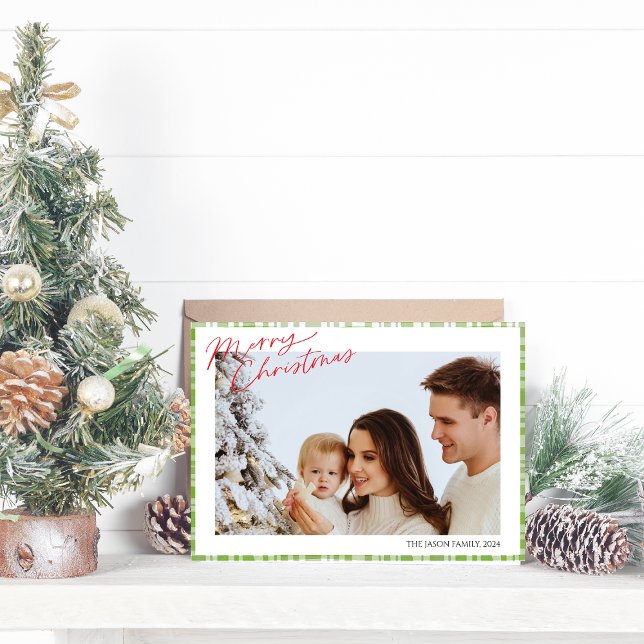 Modern Trendy simple Green Check Plaid photo  Holiday Card (Creator Uploaded)