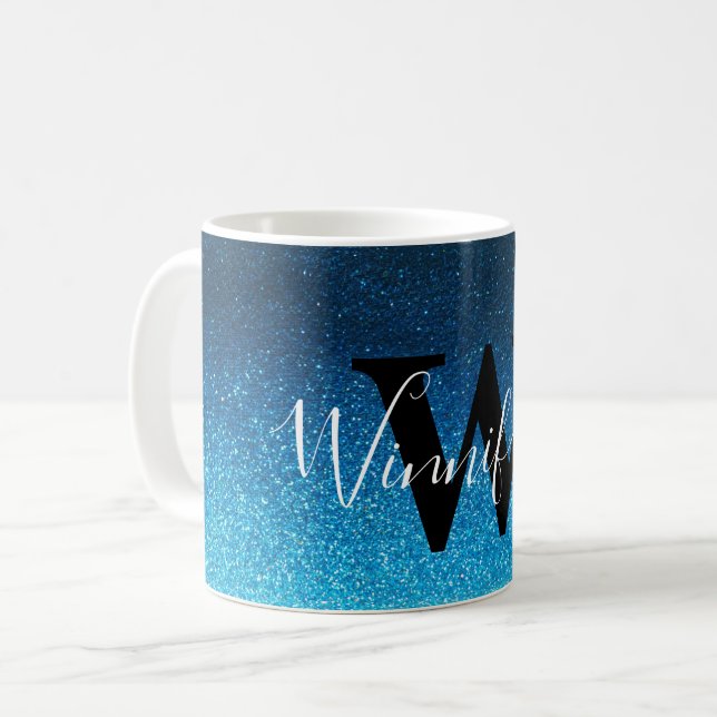 Modern Trendy Simple Monogram Black Glitter Ombre Coffee Mug (Front Left)