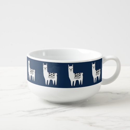 Modern Trendy Sketchy Llamas Navy Blue Soup Mug
