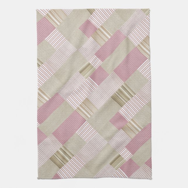 Modern Trendy Striped Patchwork Quilt Pink Beige Kitchen Towel (Vertical)